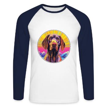 Allemand à poil court Pointer chien race Cartoon Kawai - T-shirt baseball manches longues Homme - blanc/marine - Devant - Nik (191cm)
