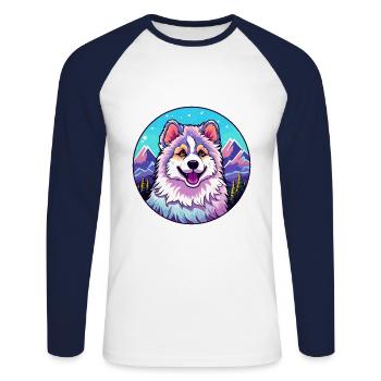 Chien esquimau canadien race Cartoon Kawaii Watercolo - T-shirt baseball manches longues Homme - blanc/marine - Devant - Nik (191cm)
