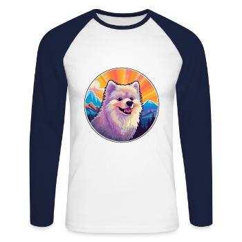 Spitz allemand chien race dessin animé Kawaii aquarelle - T-shirt baseball manches longues Homme - blanc/marine - Devant - Nik (191cm)