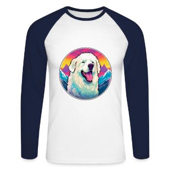 Grande race de chien des Pyrénées dessin animé Kawaii aquarelle - T-shirt baseball manches longues Homme - blanc/marine - Devant - Nik (191cm)