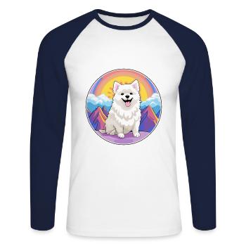 Spitz japonais chien race dessin animé Kawaii aquarelle - T-shirt baseball manches longues Homme - blanc/marine - Devant - Nik (191cm)
