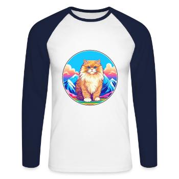 Chat britannique à poil long coloré dessin animé aquarelle I - T-shirt baseball manches longues Homme - blanc/marine - Devant - Nik (191cm)