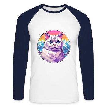British Shorthair chat coloré dessin animé aquarelle - T-shirt baseball manches longues Homme - blanc/marine - Devant - Nik (191cm)