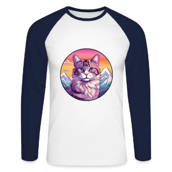 Highlander Cat Colorful Cartoon Watercolor Illustr - Unisex Long Sleeve Baseball T-Shirt - white/navy - Front - Nik (191cm)
