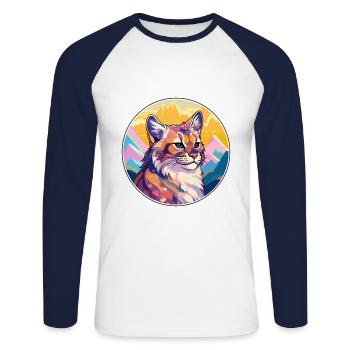 Lynx eurasien chat coloré dessin animé aquarelle illu - T-shirt baseball manches longues Homme - blanc/marine - Devant - Nik (191cm)