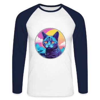 Korat chat coloré dessin animé aquarelle illustration - T-shirt baseball manches longues Homme - blanc/marine - Devant - Nik (191cm)