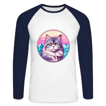 Chat sibérien coloré dessin animé aquarelle Illustrat - T-shirt baseball manches longues Homme - blanc/marine - Devant - Nik (191cm)