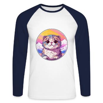 Scottish Fold chat coloré dessin animé aquarelle Illu - T-shirt baseball manches longues Homme - blanc/marine - Devant - Nik (191cm)