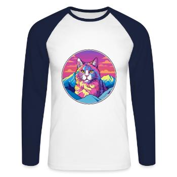 Selkirk Rex chat coloré dessin animé aquarelle Illust - T-shirt baseball manches longues Homme - blanc/marine - Devant - Nik (191cm)