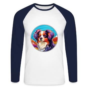 Papillon chien race dessin animé kawaii aquarelle - T-shirt baseball manches longues Homme - blanc/marine - Devant - Nik (191cm)