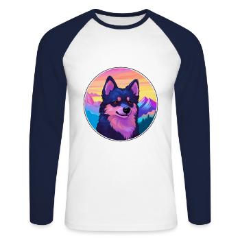 Schipperke chien race dessin animé Kawaii aquarelle - T-shirt baseball manches longues Homme - blanc/marine - Devant - Nik (191cm)