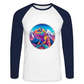 Caméléon aquarelle dessin animé Kawaii animal de compagnie Col - T-shirt baseball manches longues Homme - blanc/marine - Devant - Nik (191cm)