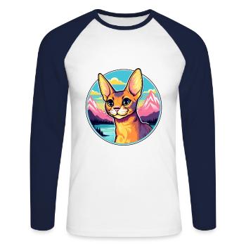 Chat abyssin coloré dessin animé aquarelle illustration - T-shirt baseball manches longues Homme - blanc/marine - Devant - Nik (191cm)