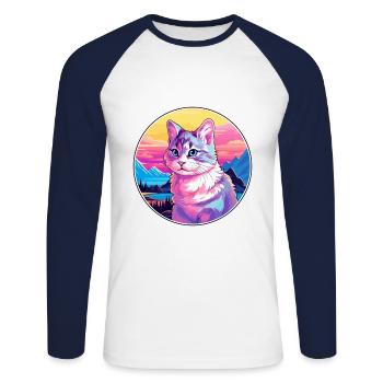 Chat polydactyle américain coloré dessin animé Watercolo - T-shirt baseball manches longues Homme - blanc/marine - Devant - Nik (191cm)