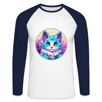 Arabian Mau Cat Colorful Cartoon Watercolor Illust - Unisex Long Sleeve Baseball T-Shirt - white/navy - Front - Nik (191cm)