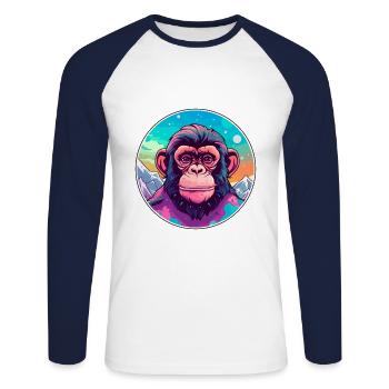 Chimpanzé aquarelle dessin animé kawaii animal de compagnie Co - T-shirt baseball manches longues Homme - blanc/marine - Devant - Nik (191cm)