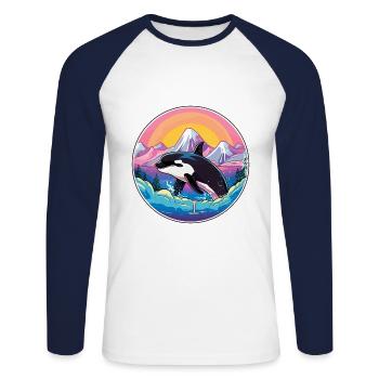 Orca Aquarell Karikatur Kawaii Haustier Tier Bunt - Unisex Baseballshirt langarm - Weiß/Navy - Vorne - Nik (191cm)