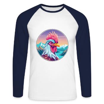 Hahn Aquarell Karikatur Kawaii Haustier Tier Farbe - Unisex Baseballshirt langarm - Weiß/Navy - Vorne - Nik (191cm)