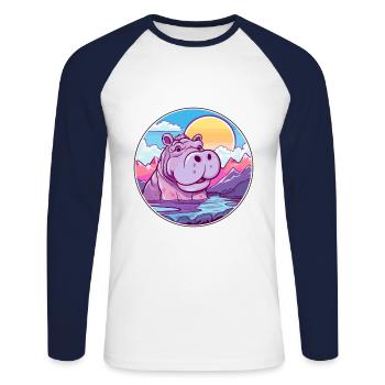 Hippopotame Aquarelle Dessin Animé Kawaii Animal Animal Colorfu - T-shirt baseball manches longues Homme - blanc/marine - Devant - Nik (191cm)