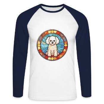 Bichon Frise chien race vitrail coloré Wate - T-shirt baseball manches longues Homme - blanc/marine - Devant - Nik (191cm)