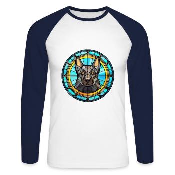 Schwarzer norwegischer Elchhund Hunderasse Buntglas C - Unisex Baseballshirt langarm - Weiß/Navy - Vorne - Nik (191cm)
