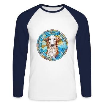 Barzoï chien race vitrail aquarelle colorée - T-shirt baseball manches longues Homme - blanc/marine - Devant - Nik (191cm)