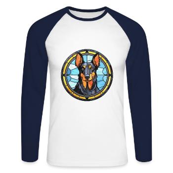 Beauceron chien race vitrail coloré Waterco - T-shirt baseball manches longues Homme - blanc/marine - Devant - Nik (191cm)