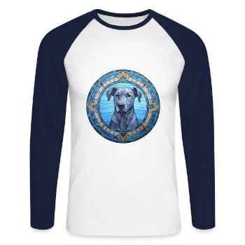 Bleu dentelle chien race vitrail coloré Waterco - T-shirt baseball manches longues Homme - blanc/marine - Devant - Nik (191cm)