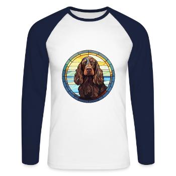 Boykin Spaniel chien race vitrail coloré Wa - T-shirt baseball manches longues Homme - blanc/marine - Devant - Nik (191cm)