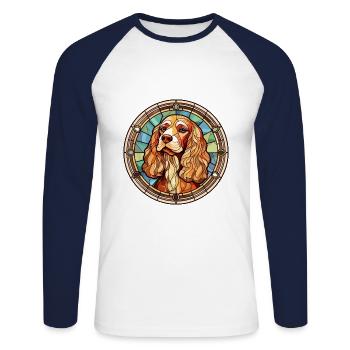 Cocker anglais Spaniel chien race vitrail Col - T-shirt baseball manches longues Homme - blanc/marine - Devant - Nik (191cm)