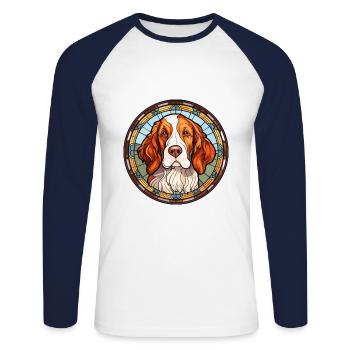 Français Bretagne chien race vitrail coloré W - T-shirt baseball manches longues Homme - blanc/marine - Devant - Nik (191cm)