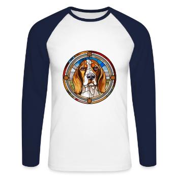 Français Tricolore chien chien race vitrail Colo - T-shirt baseball manches longues Homme - blanc/marine - Devant - Nik (191cm)