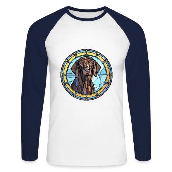 Frison pointage chien race vitrail coloré - T-shirt baseball manches longues Homme - blanc/marine - Devant - Nik (191cm)