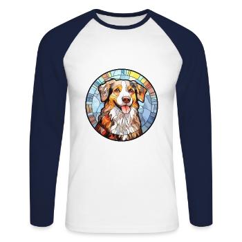 Berger anglais chien race vitrail coloré - T-shirt baseball manches longues Homme - blanc/marine - Devant - Nik (191cm)