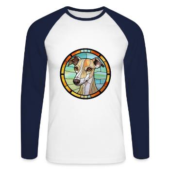 Anglais Whippet chien race vitrail coloré W - T-shirt baseball manches longues Homme - blanc/marine - Devant - Nik (191cm)