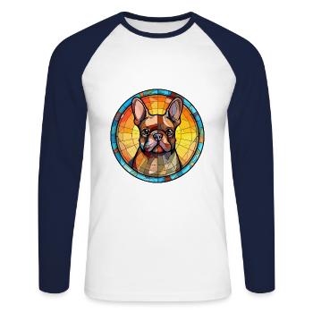 Bouledogue Français chien race vitrail coloré Wa - T-shirt baseball manches longues Homme - blanc/marine - Devant - Nik (191cm)