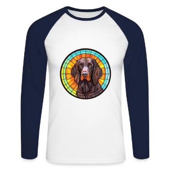 Allemand à poil long Pointer chien race vitrail - T-shirt baseball manches longues Homme - blanc/marine - Devant - Nik (191cm)