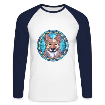 Hokkaido chien race vitrail coloré Watercol - T-shirt baseball manches longues Homme - blanc/marine - Devant - Nik (191cm)