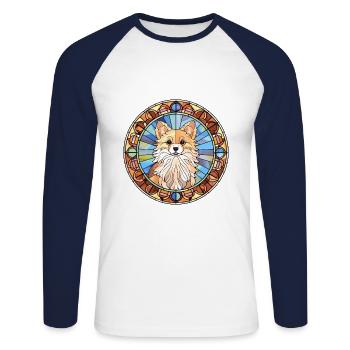 Spitz indien chien race vitrail coloré Wate - T-shirt baseball manches longues Homme - blanc/marine - Devant - Nik (191cm)