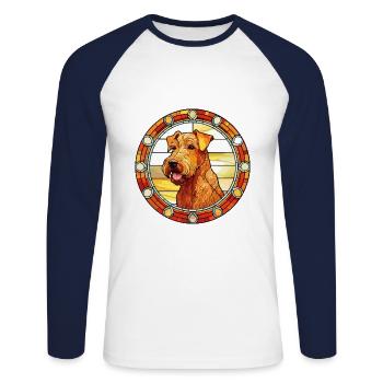 Irish Terrier chien race vitrail coloré Wat - T-shirt baseball manches longues Homme - blanc/marine - Devant - Nik (191cm)