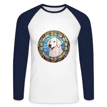 Kuvasz chien race vitrail aquarelle colorée - T-shirt baseball manches longues Homme - blanc/marine - Devant - Nik (191cm)