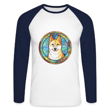 Korean Jindo Dog Breed Stained Glass Colorful Wate - Unisex Long Sleeve Baseball T-Shirt - white/navy - Front - Nik (191cm)