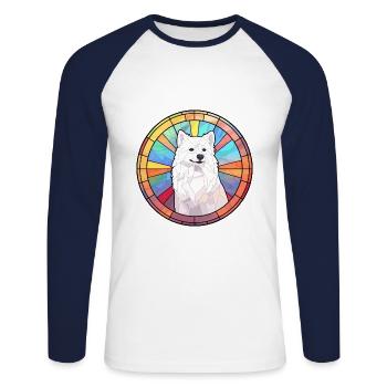Spitz japonais chien race vitrail coloré Wa - T-shirt baseball manches longues Homme - blanc/marine - Devant - Nik (191cm)