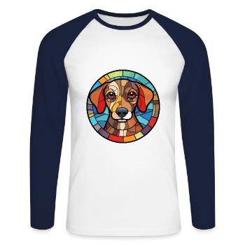 Koolie chien race vitrail aquarelle colorée - T-shirt baseball manches longues Homme - blanc/marine - Devant - Nik (191cm)