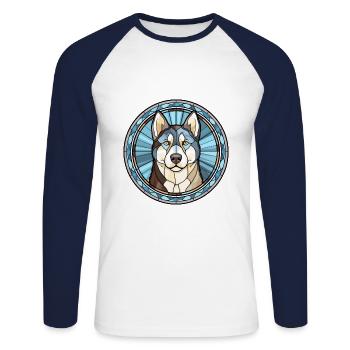 Labrador Husky chien race vitrail coloré Wa - T-shirt baseball manches longues Homme - blanc/marine - Devant - Nik (191cm)