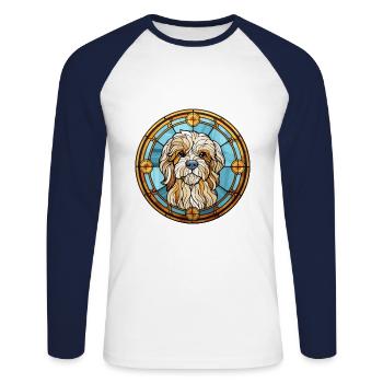 Lowchen Petit Lion Chien Race Vitrail Colorf - T-shirt baseball manches longues Homme - blanc/marine - Devant - Nik (191cm)