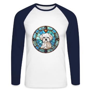 Chien maltais race vitrail coloré Watercolo - T-shirt baseball manches longues Homme - blanc/marine - Devant - Nik (191cm)