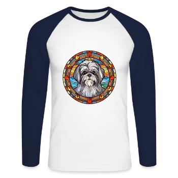 Bichon maltais Shih Tzu chien race vitrail coloré - T-shirt baseball manches longues Homme - blanc/marine - Devant - Nik (191cm)