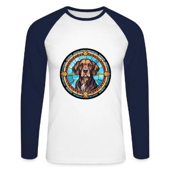 Chien de garde portugais chien race vitrail Colorf - T-shirt baseball manches longues Homme - blanc/marine - Devant - Nik (191cm)