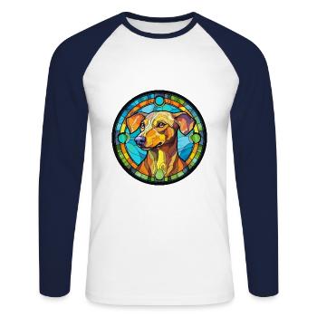 Ratonero Murciano chien race vitrail coloré - T-shirt baseball manches longues Homme - blanc/marine - Devant - Nik (191cm)